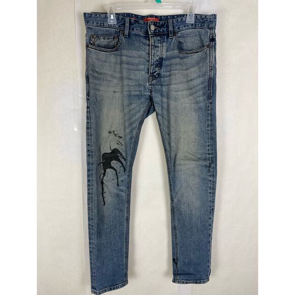 Topman Mens Stretch Skinny Fit Oil Splatter Faded Blue Jeans Size 32 - Picture 1 of 7